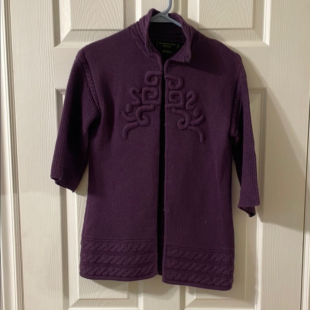 Shanghai Tang Plum Cashmere/Silk Knit Sweater with raised embroidery details